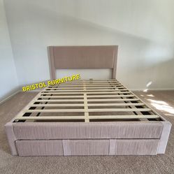 🛑 Bed Queen Frame, Light Pink, Corduroy Fabric, New in the Box.