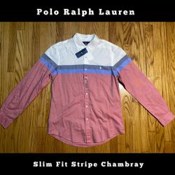 Polo Ralph Lauren Slim Fit Stripe Chambray Shirt, Red White & Blue new sz Large 