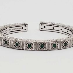 Judith Ripka Emerald Cuff Bangle Sterling Silver Bracelet 30.6g 6.5mm