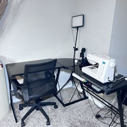 Black -L Shaped - Glass Computer Desk W/ Chair