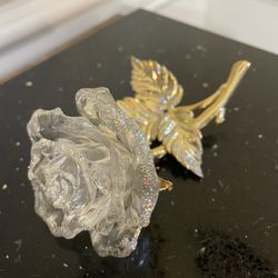 Vintage Single Rose Flower Christmas Tree Ornament Clear Gold Plastic Glitter 4.5”