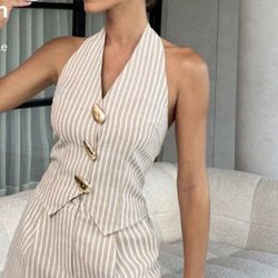 Women Striped Halter Top And Shorts L New 