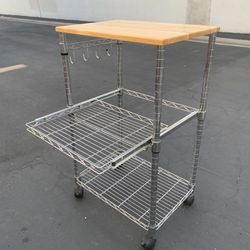 3-Tier Wire Rolling Kitchen Cart, Multi Purpose Storage Cart with Wood Table Top and Sliding Shelf 