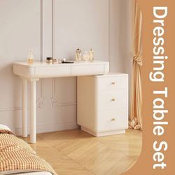 White Makeup Vanity Desk, Hidden Sliding Length, Modern White Vanity Table Set with3 Drawers