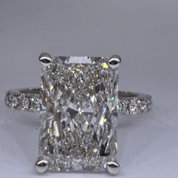 4.07 carat G VS2 radiant cut lab diamond on a pave band with hidden halo collar engagement ring 