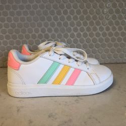 Adidas White Leather Lace-up Sneakers w/ Green Yellow Pink Side Stripes - Girls Size 13