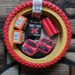 NEW Bicycle Bmx Jr Parts Bundle 16" Red Gumwall Knobby Tread