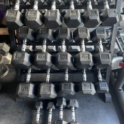 Hex Rubber Dumbbells Weights with a Rack… Home Gym Fitness…