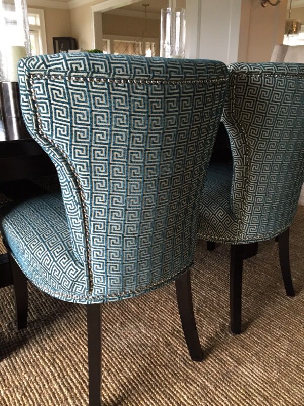 Teal Greek Key upholstered nailhead Dining Chairs (qty 6) by Cynthia Rowley
