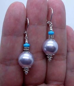 925 Sterling Silver, Handmade Lavender Seashell Pearls & Blue Turquoise Earrings