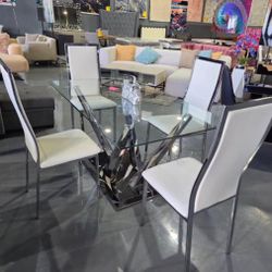 5 Piece Dinning Table Set Glass top Chrome Base 63”