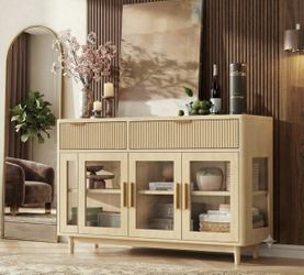 Modern Fluted Buffet Glass-Door Credenza with Gold Handles