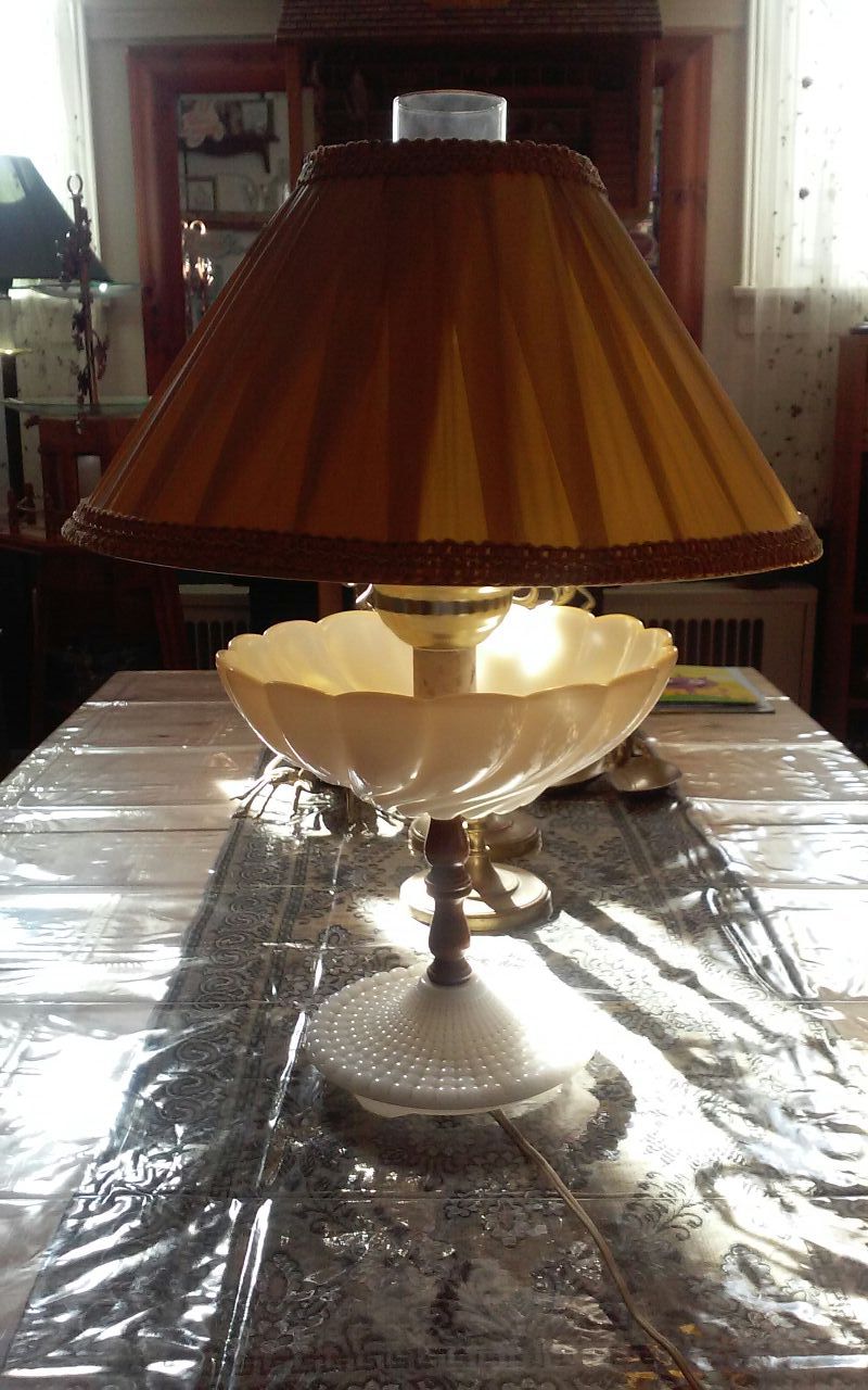 Antique milk glass hurricane lamp with shade