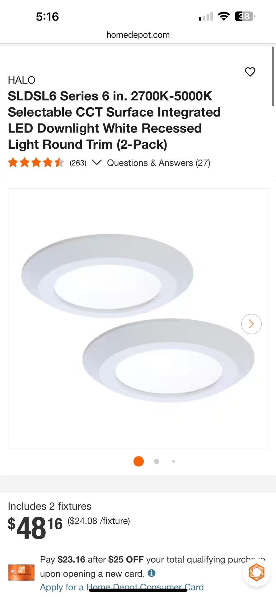 HALO SLDSL6 Series 6 in. 2700K-5000K Selectable CCT Surface Integrated LED Downlight White Recessed Light Round Trim (2-Pack)