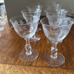 Vintage Heisey 8 Rose Crystal Footed Etched Wine Glasses