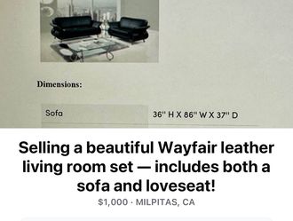 Wayfair Modern Leather Living Room Set – Sofa + Loveseat (Wayfair) Like New