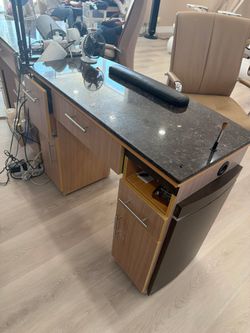 Nail Salon Manicure Desk, Granite Top, Wood Cabinet, Used Fair