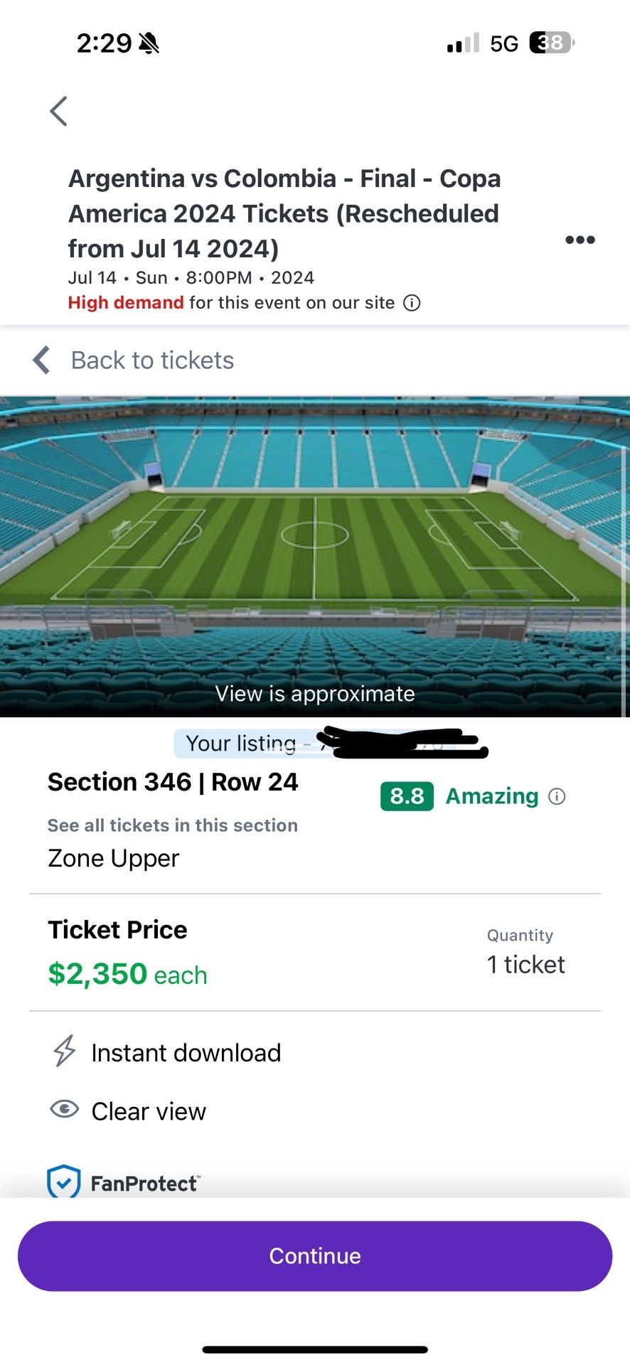 Copa America Tickets $2350 Miami Game July 14, 2024 