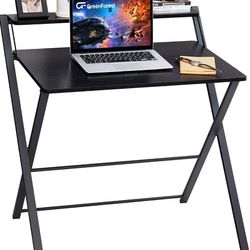 GreenForest Small Folding Desk No Assembly Required, Fully Unfold 27.3 x 22 inch 2-Tier Computer Desk with Shelf Space Saving Foldable Table for Small