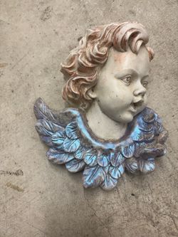 Cherub Angel Solid Plaster Wall Plaque, Resin Matte 3D Effect, Beige/Blue/Brown