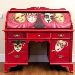 Custom Order Option: Antique Roll-Top Writer's Desk Retro Masquerade Marionette Carnival Art, Vintage Home Office School Decor Receptionist