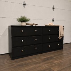Modern 6-Drawer Dresser, Black Finish w/ Silver Knobs