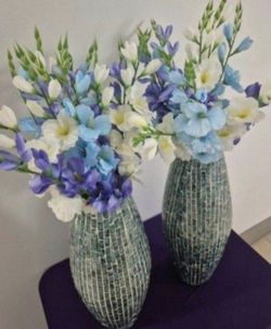 *** CLEARANCE *** PAIR of 20" Resin Floor Vases with Faux Purple / Blue / White Gladiolus (2 for $60) @ Lasting Creations