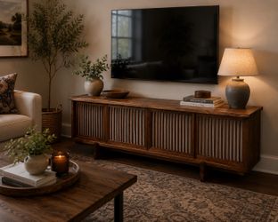 Japanese Wabi-Sabi Solid Wood Media Console TV Stand – Handmade – 67” × 21” × 29.5” H