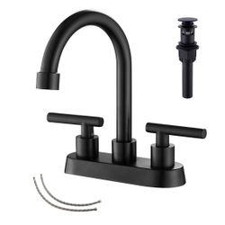 Black Bathroom Sink Faucet GGStudy 2-Handles 4 Inches Matte Black Centerset Faucet with Drain Assembly and Supply Hose Lavatory Faucet Mixer Double Ha