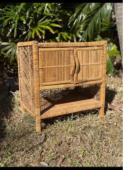 Vintage Rattan Wicker Cabinet / Boho Coastal Nightstand Side Table