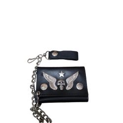 Motorcycle Leather Trifold Wallet With Chain 