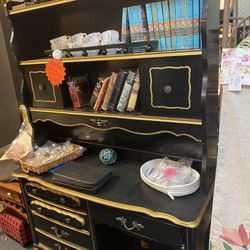 Black and Gold French Provincial Desk With Hutch Top
