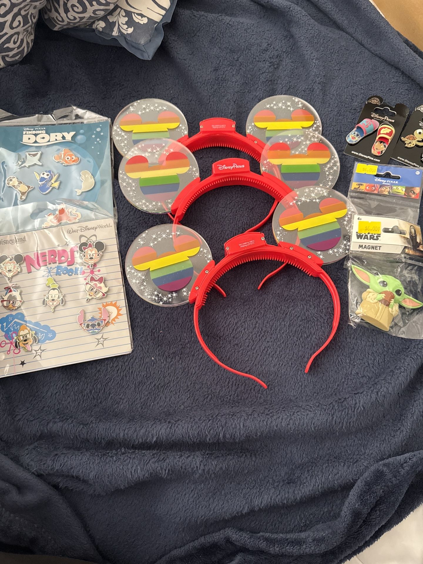 Disney Parks Collectible Bundle – Mickey Pride Ears, Disney Pins, & Star Wars Grogu Magnet