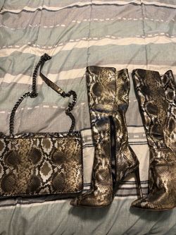 Snakeskin Print Knee-High Boots and Matching Bag Set