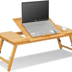 MoNiBloom Laptop Desk for Bed with Adjustable Tilting Top, Bamboo Bed Sofa Couch Table Breakfast Tray with Folding Legs for Computer iPad Writing Read