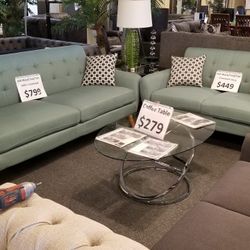 Brand New Green Fabric Midcentury Modern Sofa + Loveseat 2PCs Set