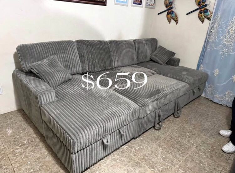 Elegant Dark Gray 3-Pc Convertible Sectional Sofa With Sleeper Sofa & Storage Brand New