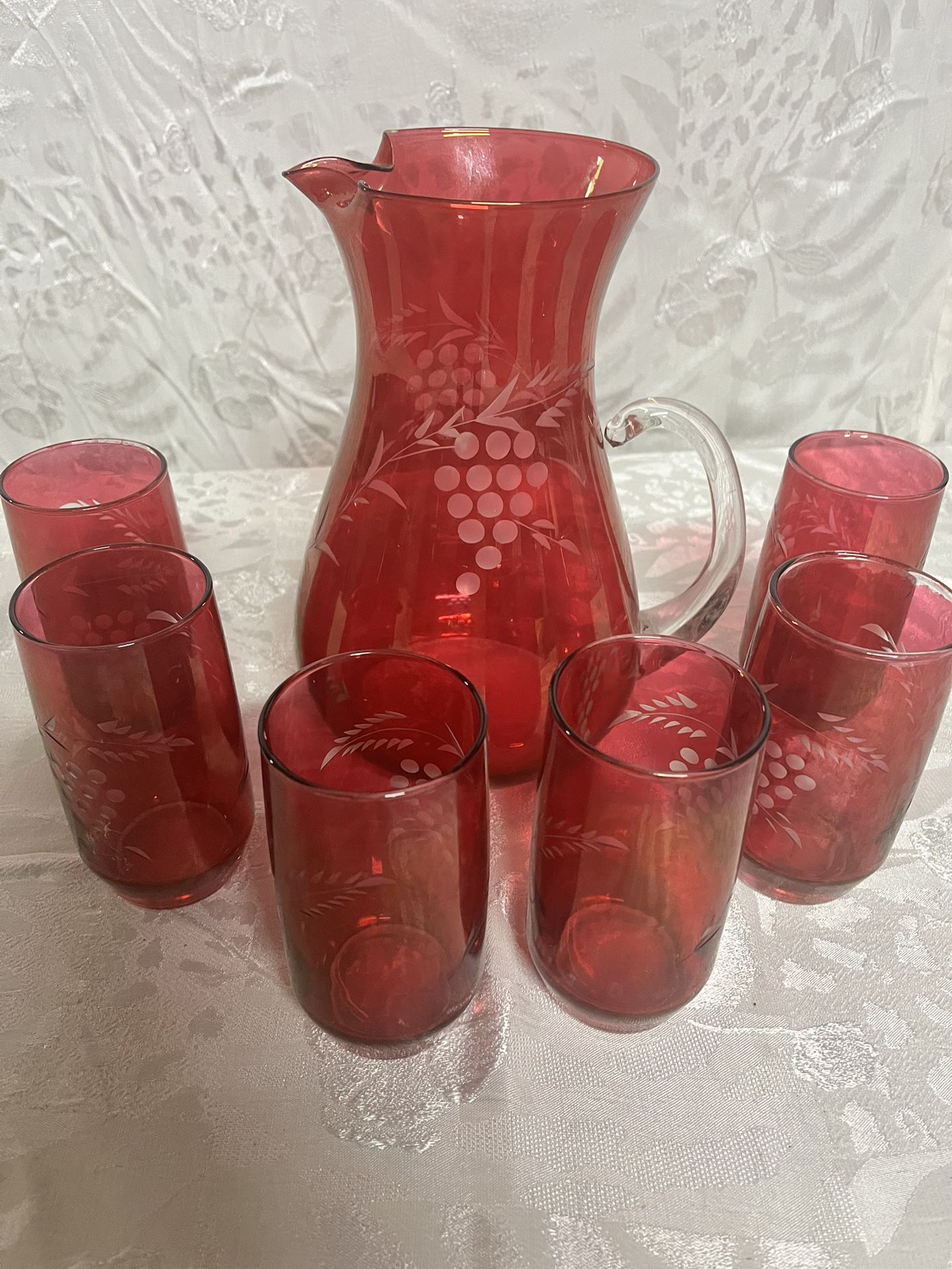 Vintage Cranberry Glass Pitcher & Glasses
