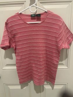 Vintage Hunt Club Women's Large Pink White Striped Ribbed Shirt Y2K 90s