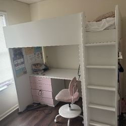 Loft bed frame, desk and storage, white, Twin