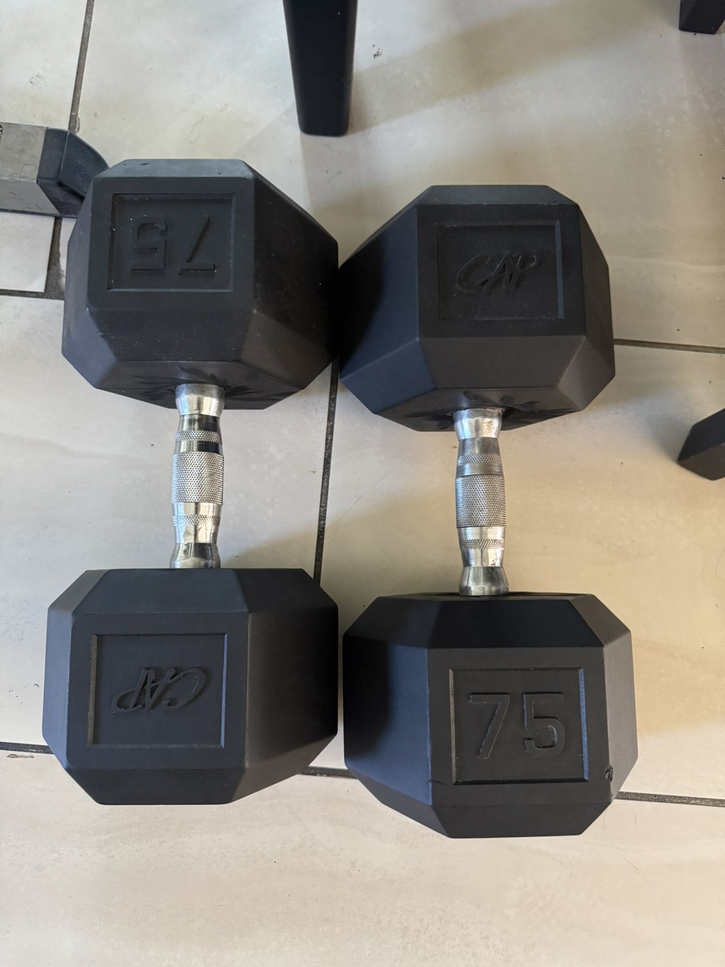 Pair of 75lbs rubber hex dumbbells