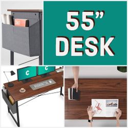 Large 55” Desk Walnut Brown Wood Desk Home Office Writing Study Computer Desk Modern Table with Storage 