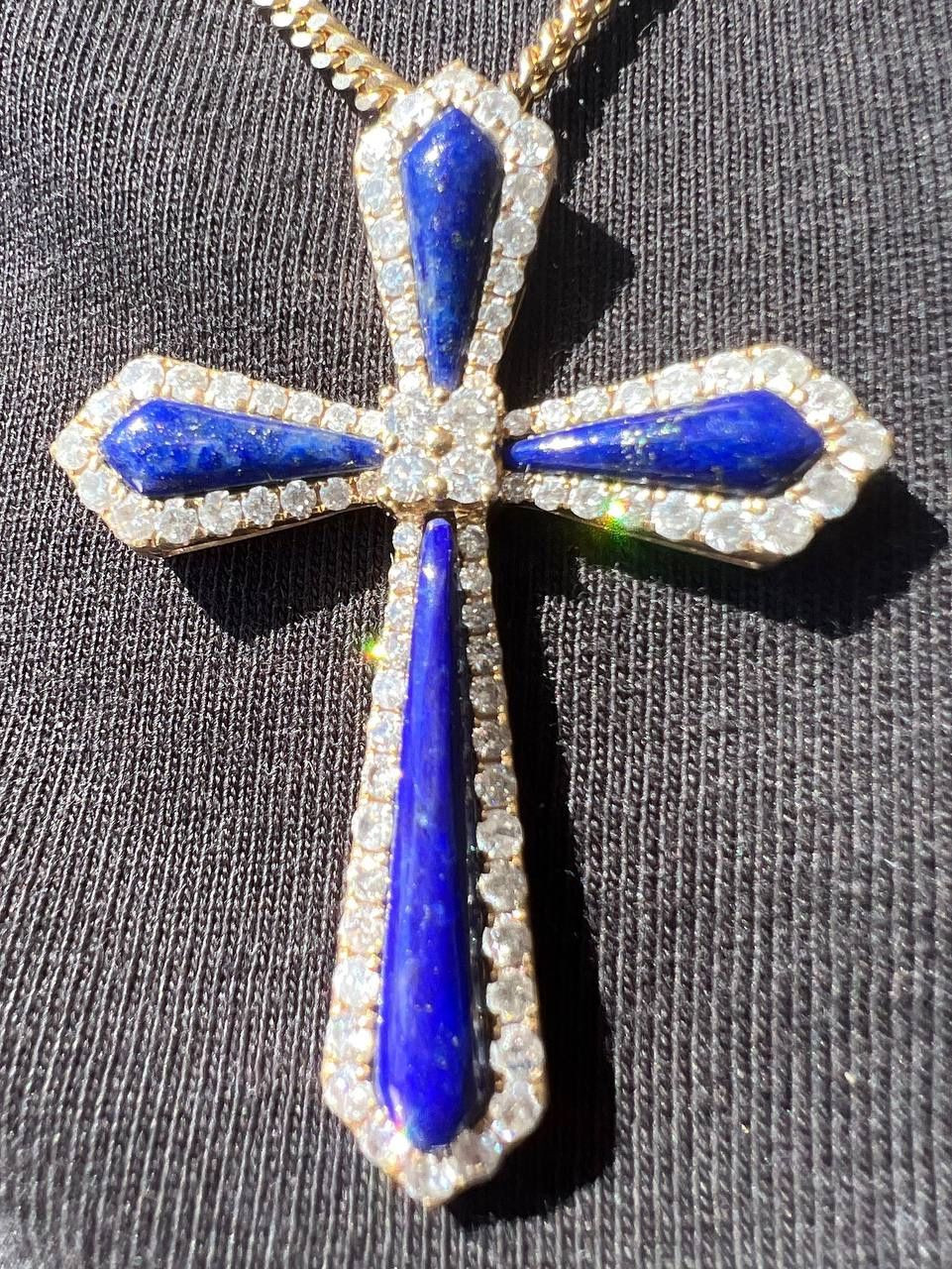 14k gold diamond lapis lazuli cross and chain