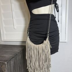 Monserat De Lucca Fringe Crossbody Purse Tan Genuine Leather Boho Y2K Festival