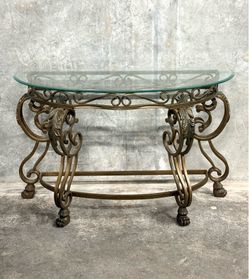 Ornate Mediterranean Style Metal & Glass Console Table 48”