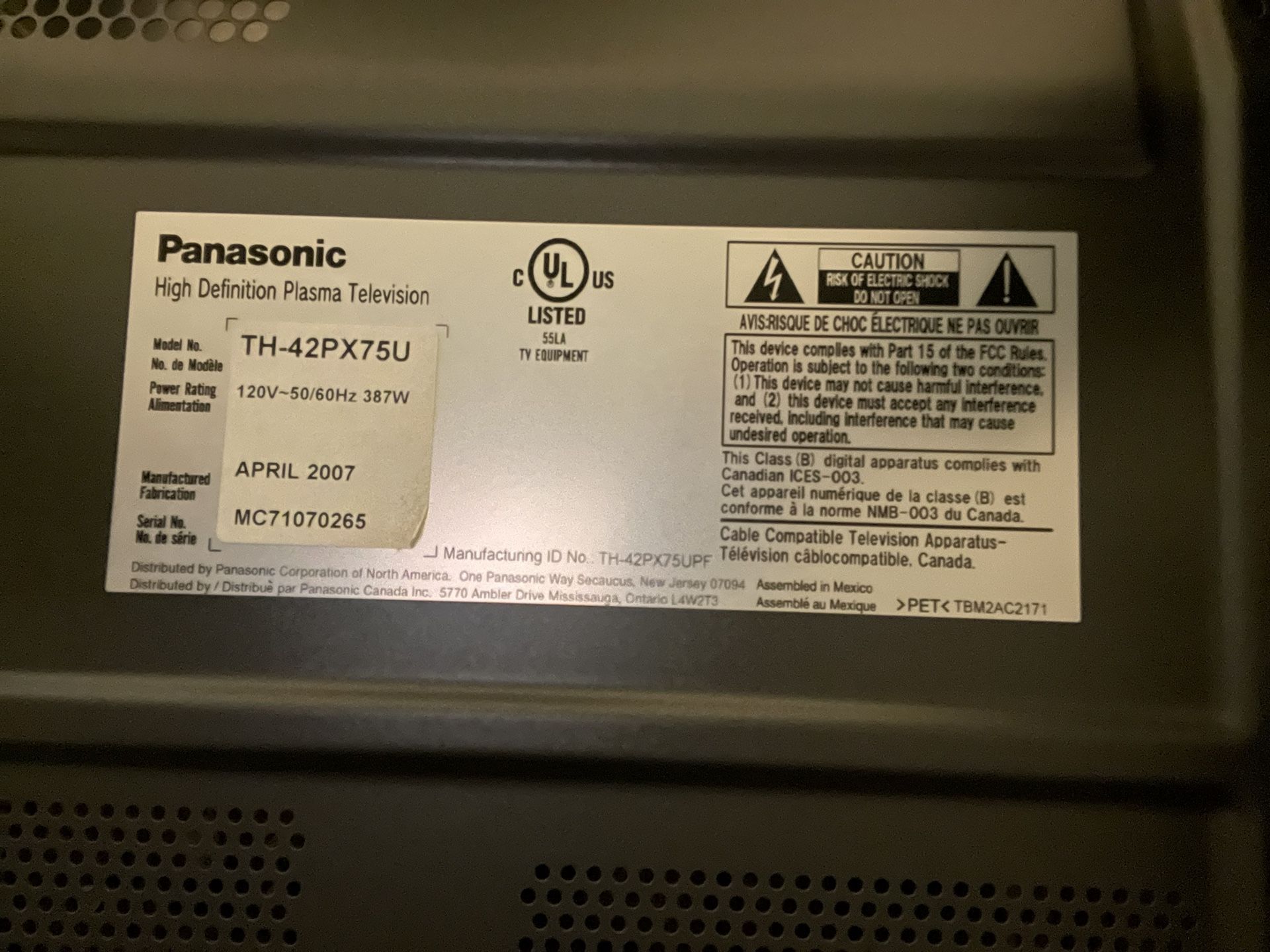 Panasonic 42 Inch Plasma TV, Model TH42PX75U for Sale in San Diego, CA