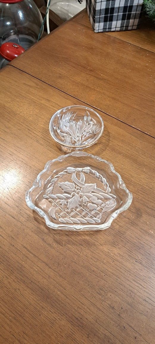 2PC Combo Of Mikasa Poinsettia Basket Etched Candy Dish & Tulip Design W/Gold Rim Trinket Dish, Lalique Style