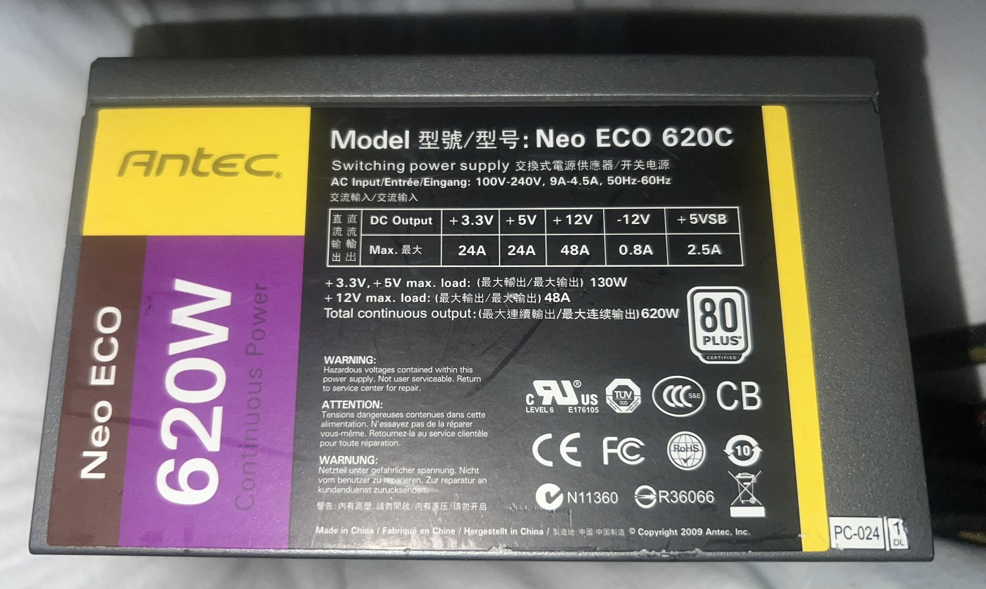  Antec Neo ECO 620C 620W Power Supply Unit. Used 