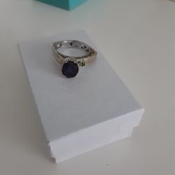 925 STERLING SILVER ABSTRACT RING WITH AMETHYST AND PERIDOT REAL STONES, SIZE 7