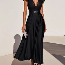 Black Lace Satin V Neck Cap Sleeve A-Line Maxi Dress